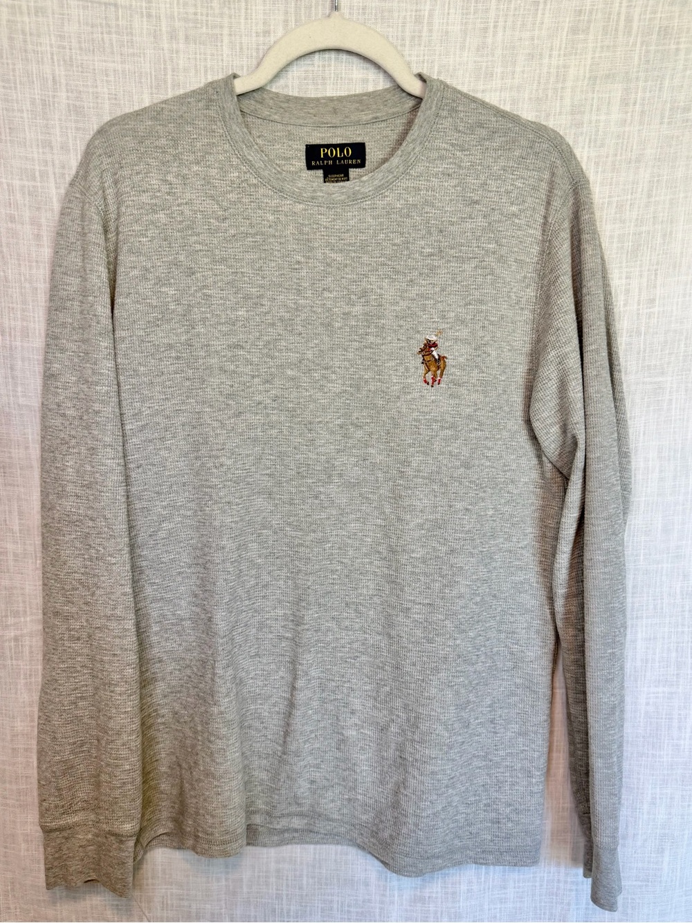 Polo Ralph Lauren Cotton Blend Waffle Knit Long Sleeve Polo Bear Jockey Logo L